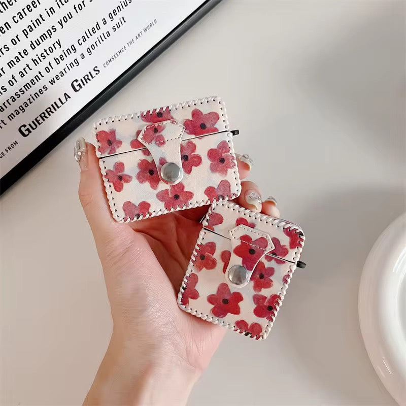 Cute Red Floral Leather Fabric Airpod Case