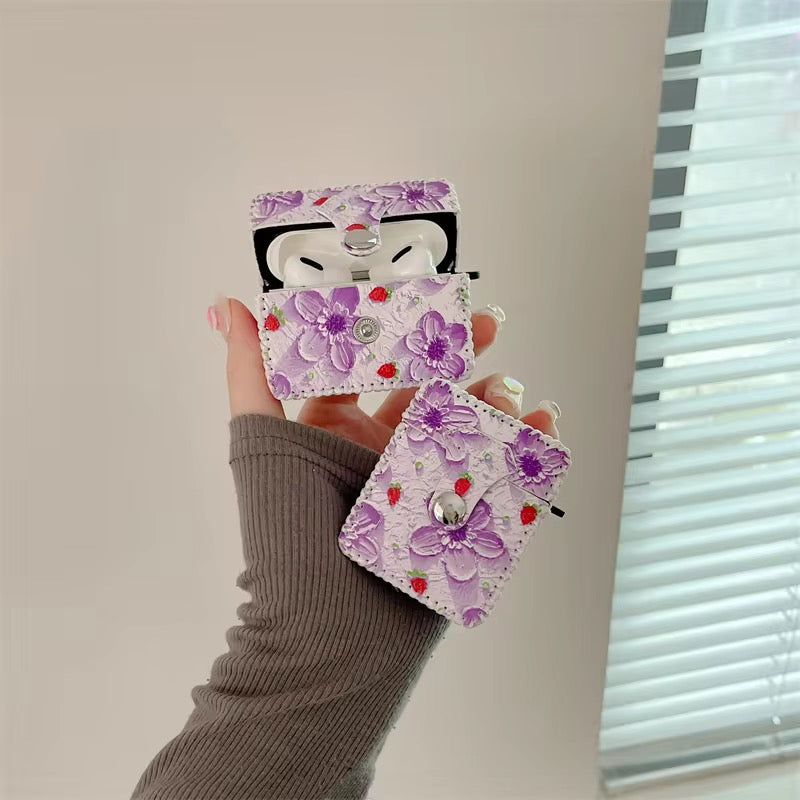 Cute Purple Floral Leather Fabric Airpod Case