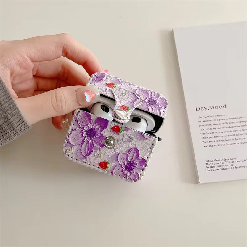 Cute Purple Floral Leather Fabric Airpod Case
