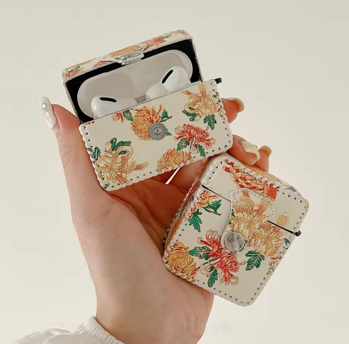 Cute Yellow Orange Floral Leather Fabric Airpod Case