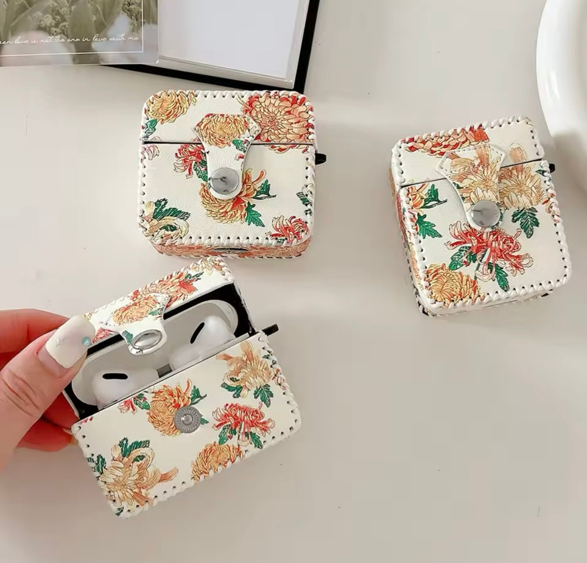 Cute Yellow Orange Floral Leather Fabric Airpod Case