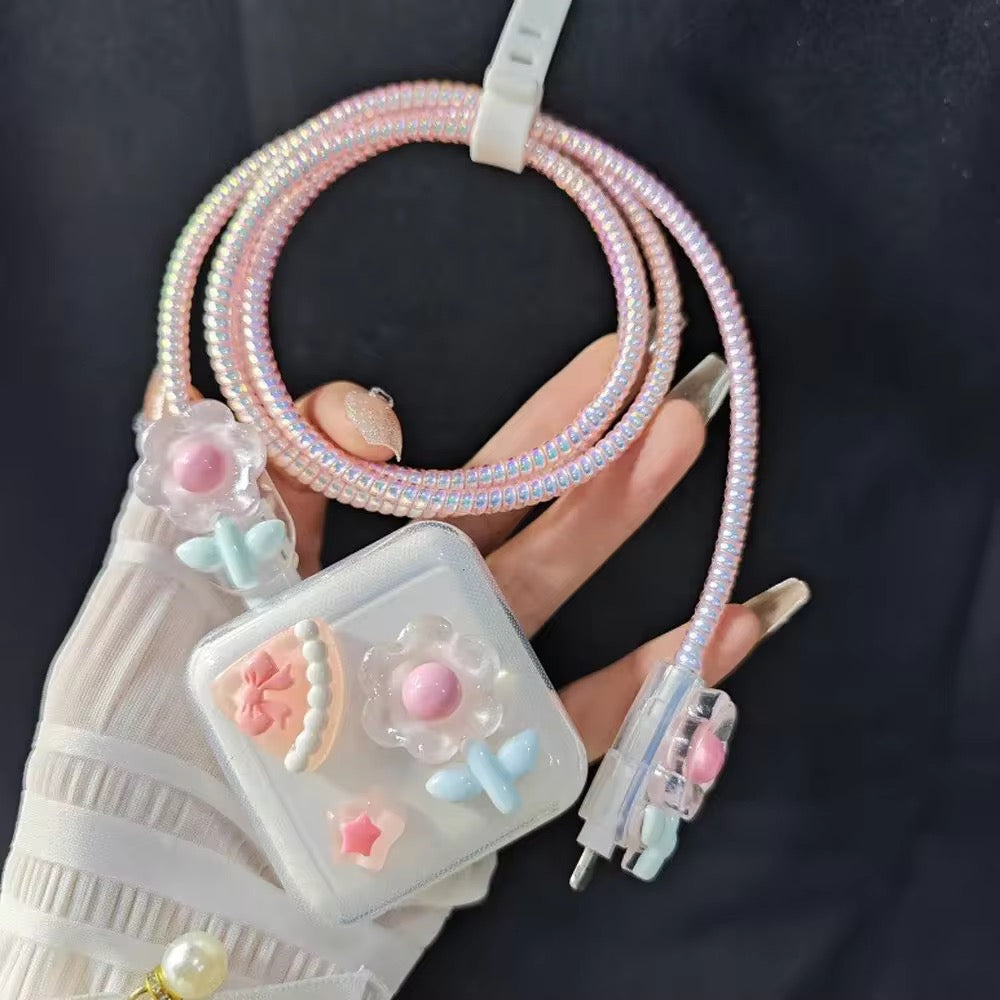 New Bow Floral Pink Transparent iPhone 35-Watt Adapter Dual Charger Cable Wire Protector Set