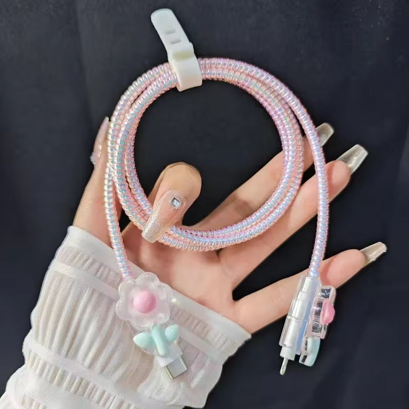 New Bow Floral Pink Transparent iPhone 35-Watt Adapter Dual Charger Cable Wire Protector Set