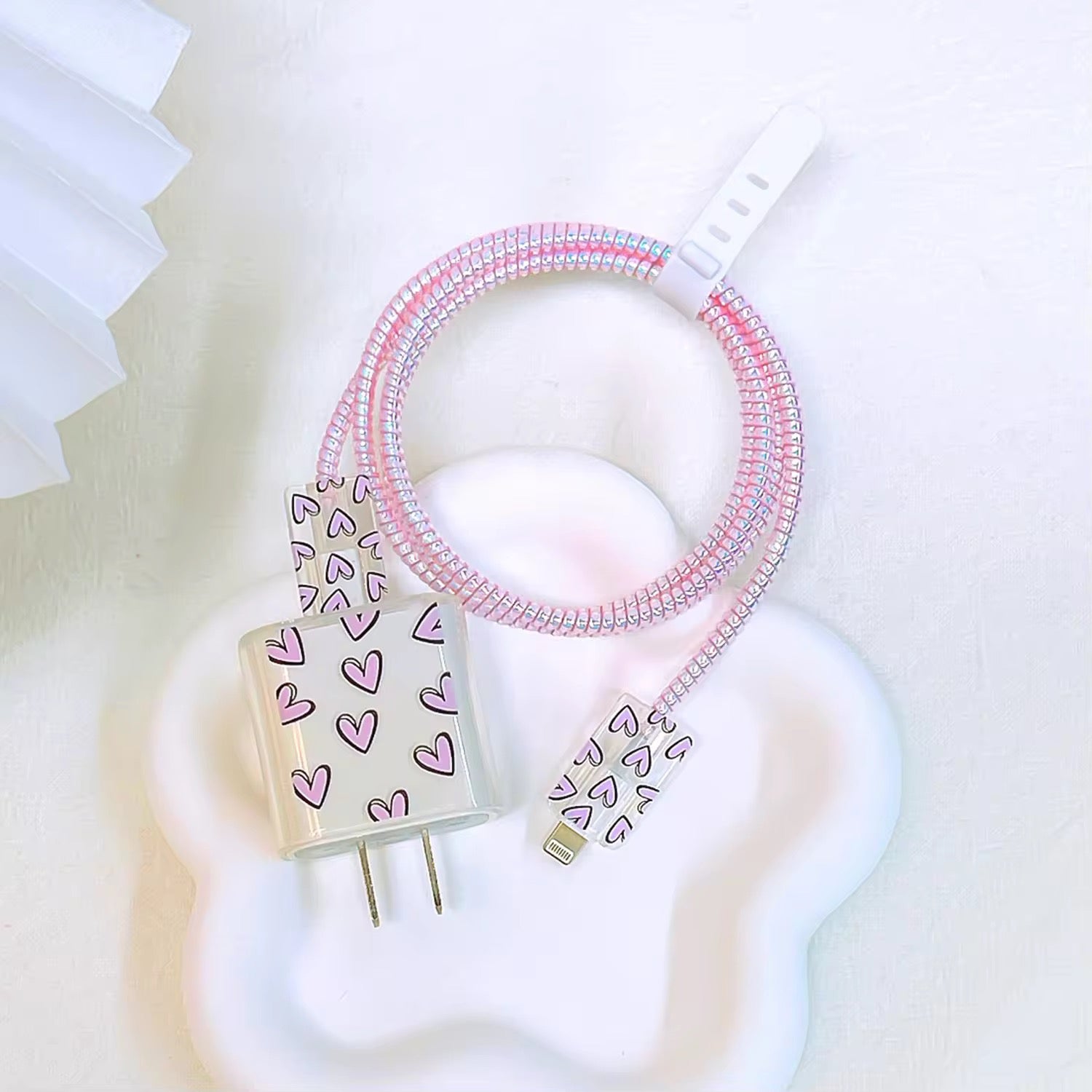 Pink Black Heart iPhone Transparent Adapter Charger Cable Wire Protector Set