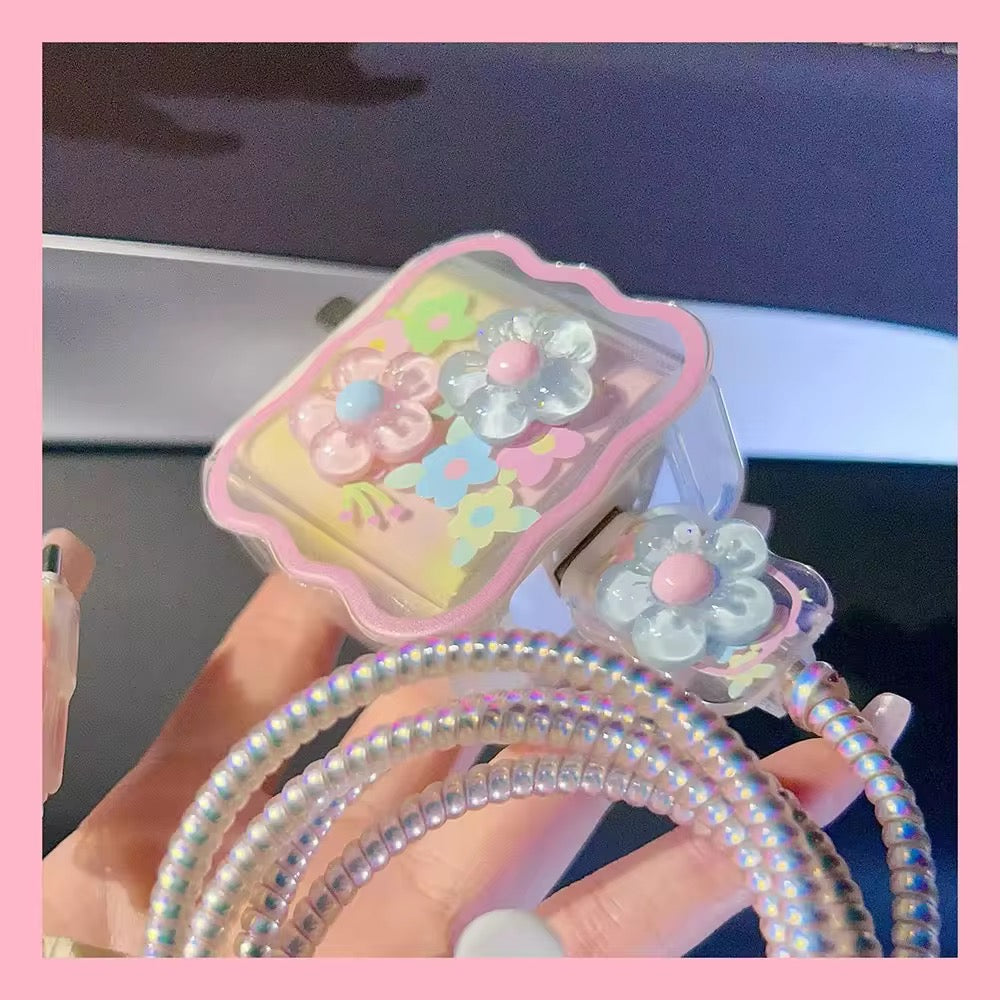 3D Colorful Floral iPhone Transparent Adapter Charger Cable Wire Protector Set