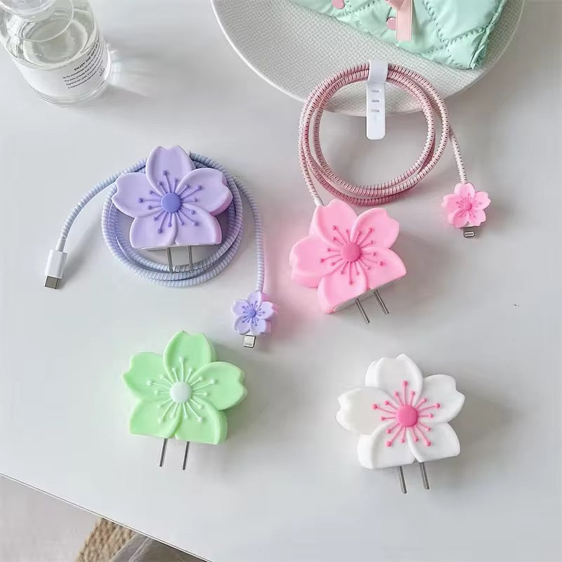 3D Rubber Silicone Flower iPhone Adapter Charger Cable Wire Protector Set