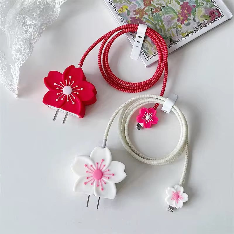 3D Rubber Silicone Flower iPhone Adapter Charger Cable Wire Protector Set