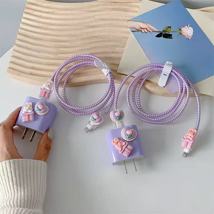 Cute 3D Bear Heart Tulip Purple iPhone Adapter Charger Cable Wire Protector Set