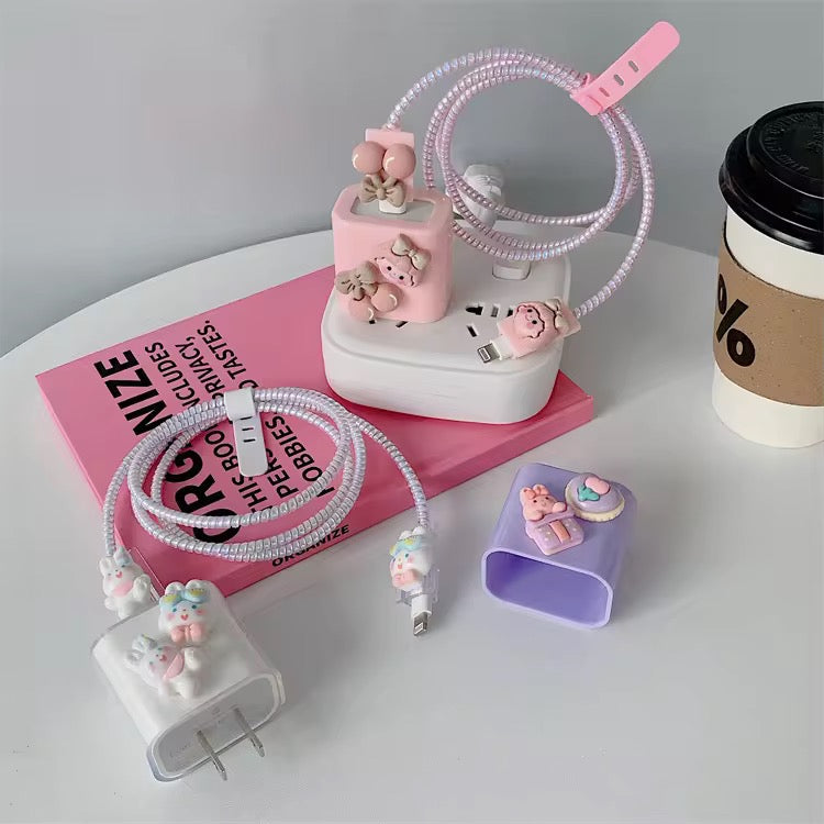 Cute 3D Bear Heart Tulip Purple iPhone Adapter Charger Cable Wire Protector Set
