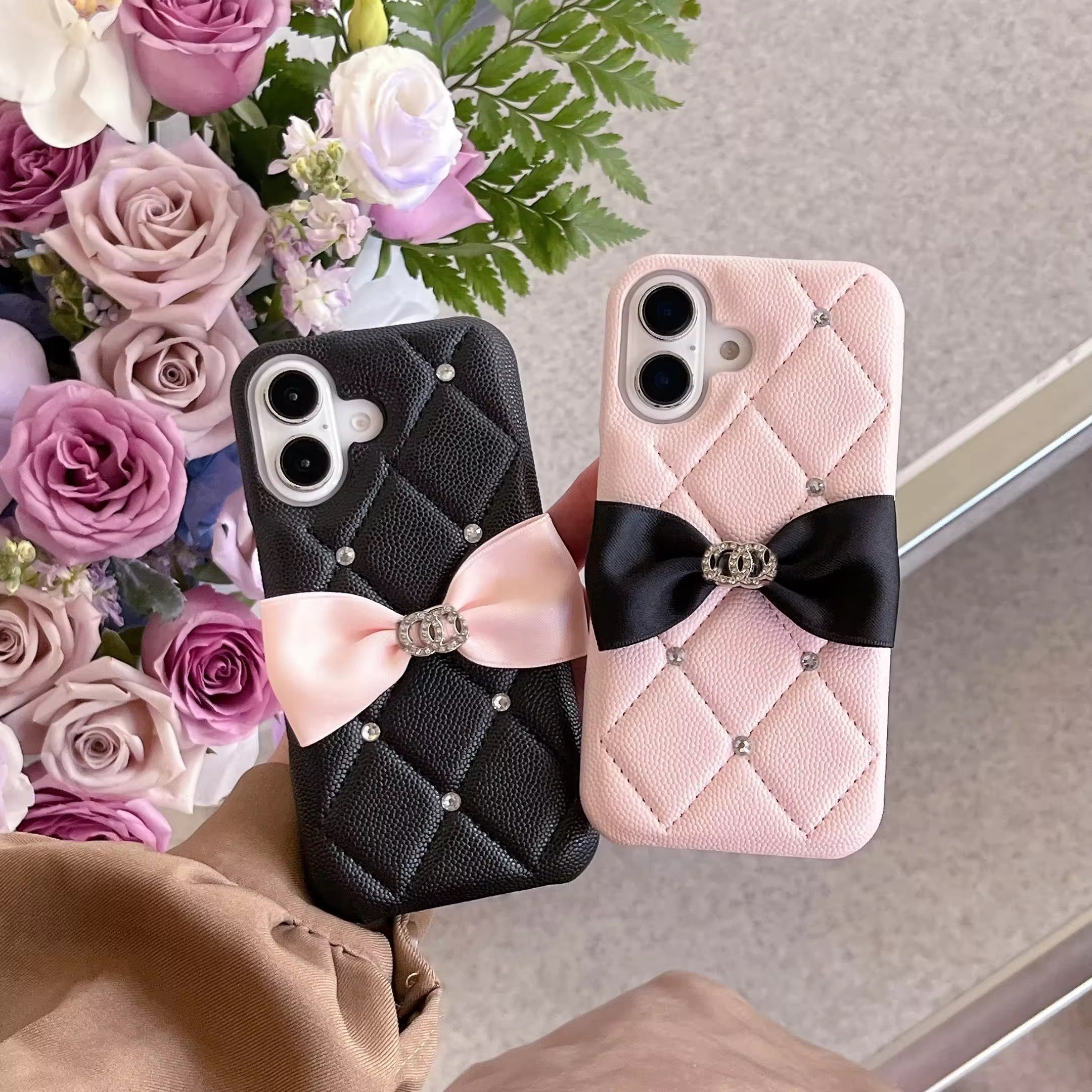 Luxury Leather Black Case Pink Bow Glitter Diamond iPhone Case