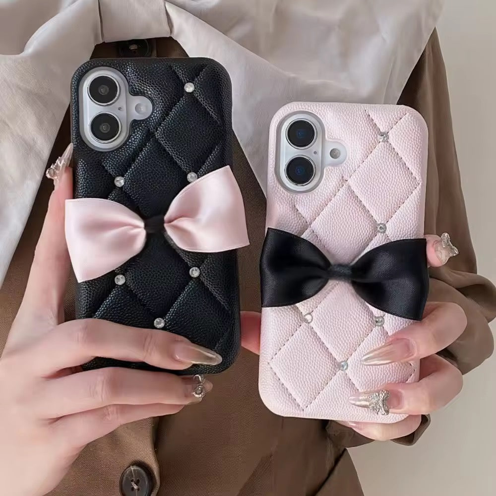 Luxury Leather Black Case Pink Bow Glitter Diamond iPhone Case