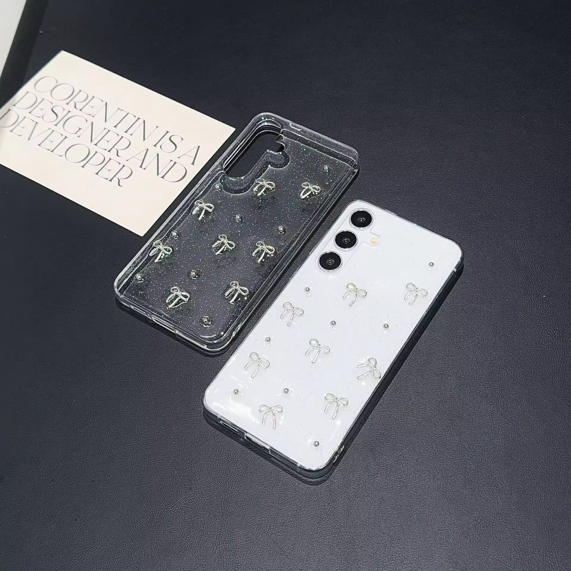 Samsung 3D Glitter Silver Bow Transparent S series Case