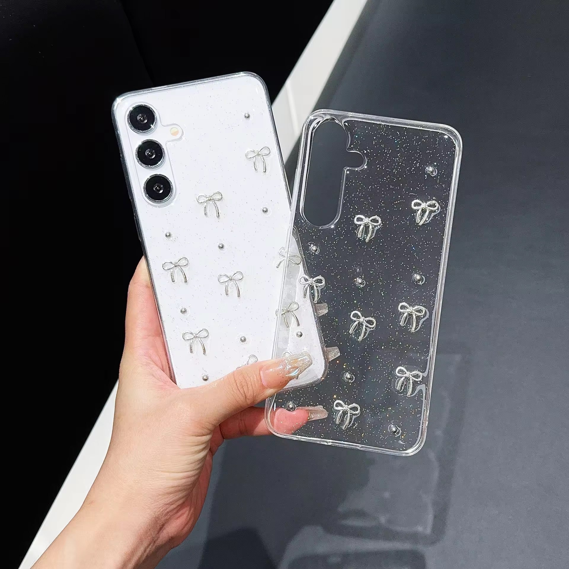 Samsung 3D Glitter Silver Bow Transparent S series Case