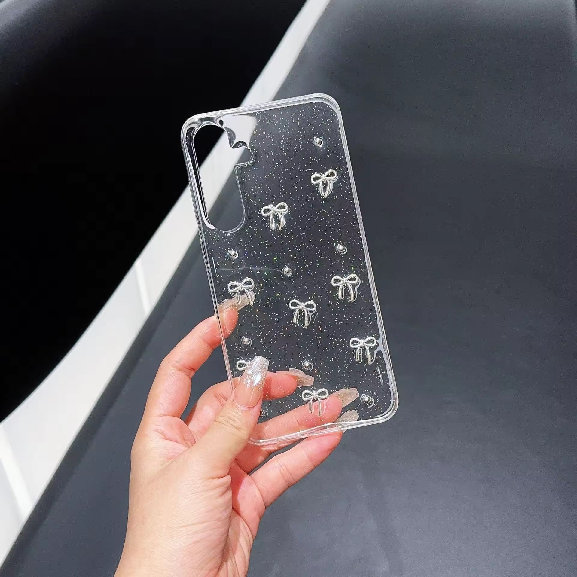 Samsung 3D Glitter Silver Bow Transparent S series Case
