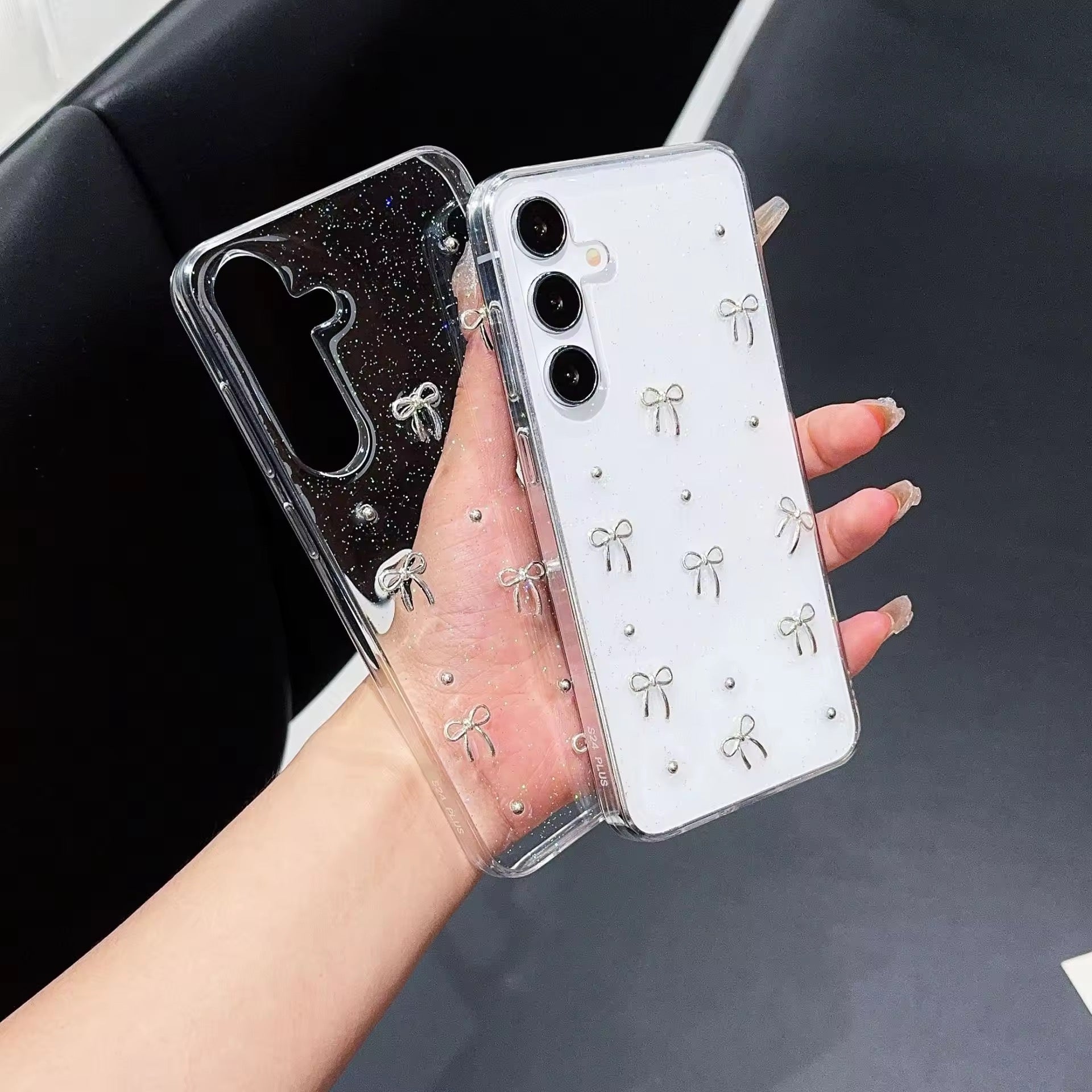 Samsung 3D Glitter Silver Bow Transparent S series Case