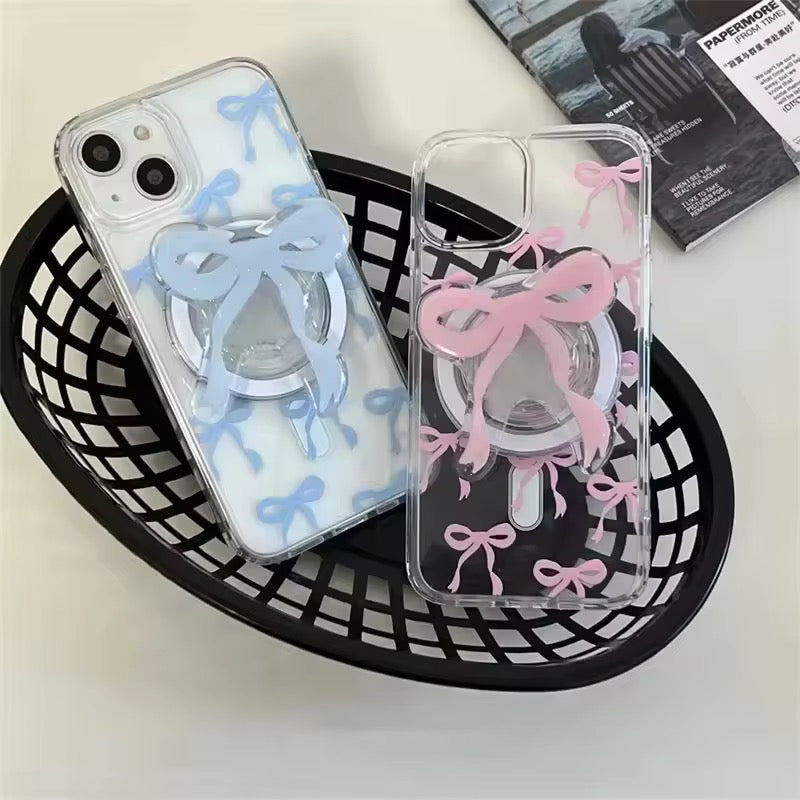 Cute Bow Magsafe Pink Blue iPhone Transparent Soft Only Case