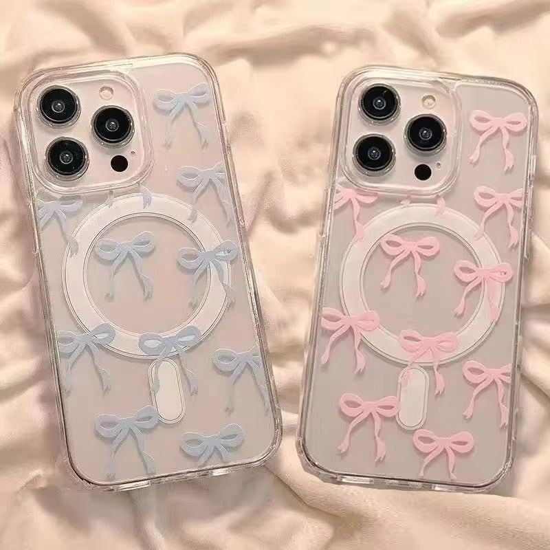 Cute Bow Magsafe Pink Blue iPhone Transparent Soft Only Case