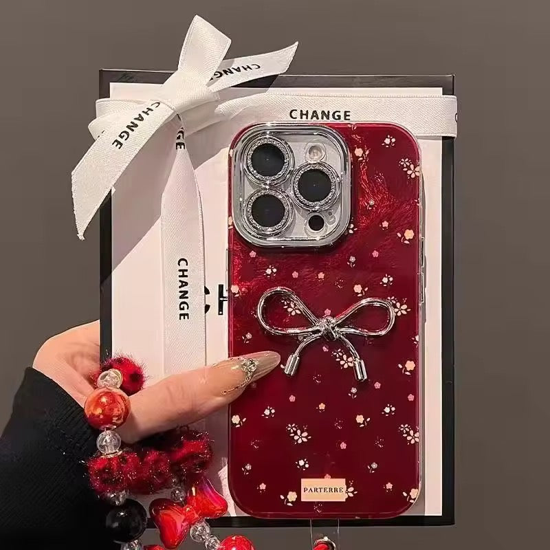 Red Small Floral Flower Silver Bow Glossy iPhone Hybrid Case