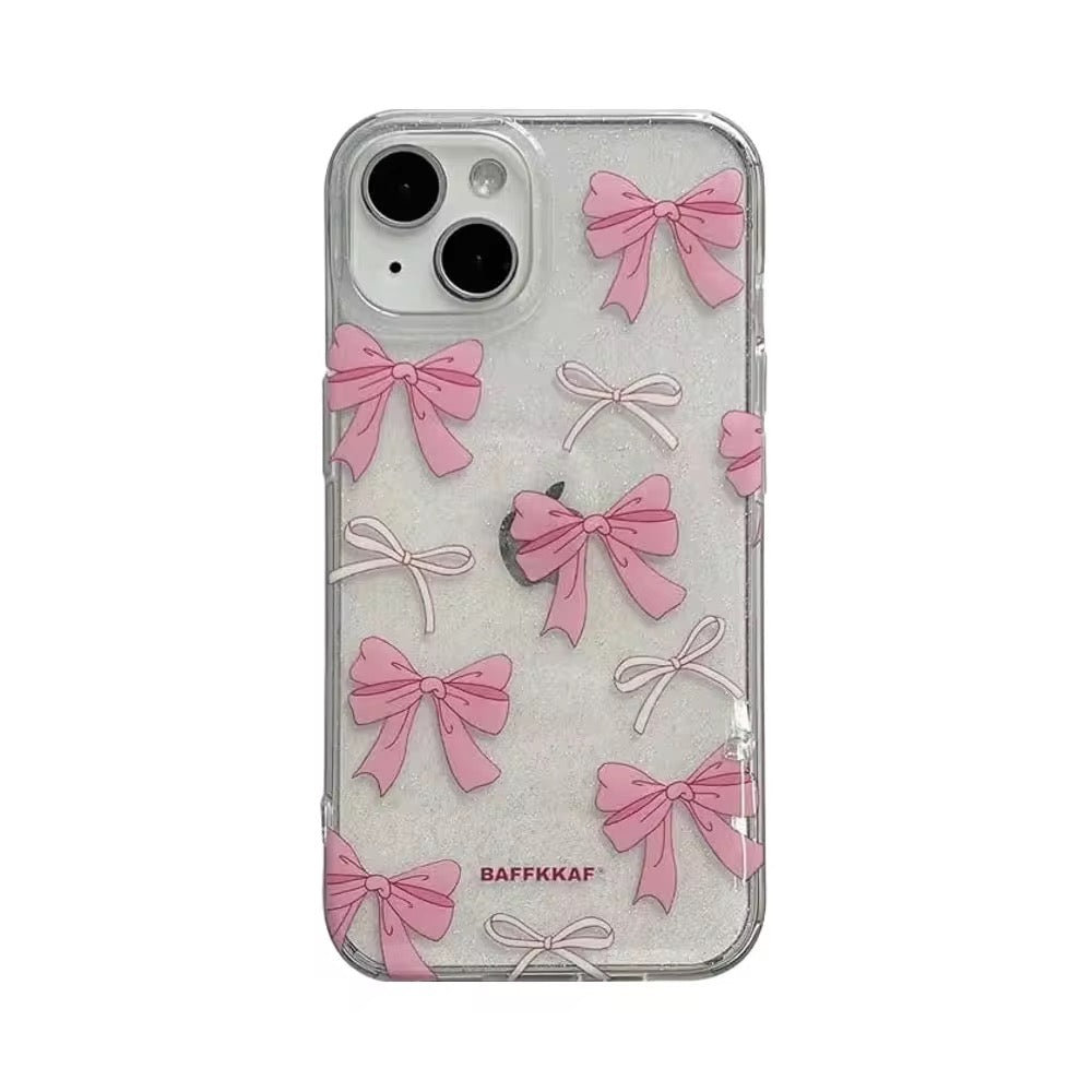 Aesthetic Cute Pink Bow Glitter Bling Transparent  iPhone Hybrid Case