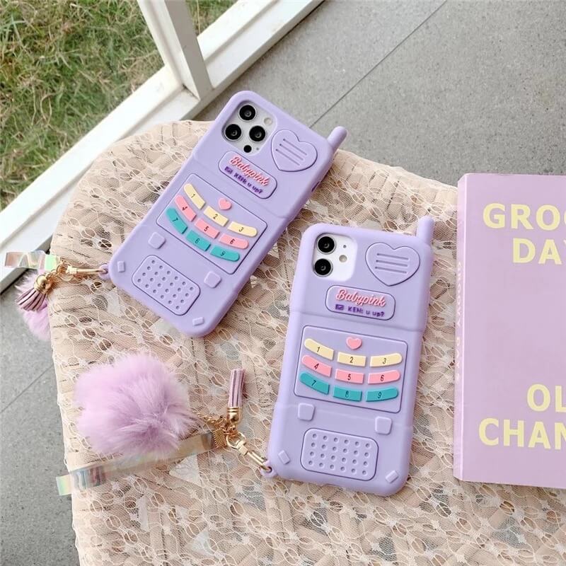 Purple Mobile Cute Phone Rubber iPhone Case With Fur Hanging