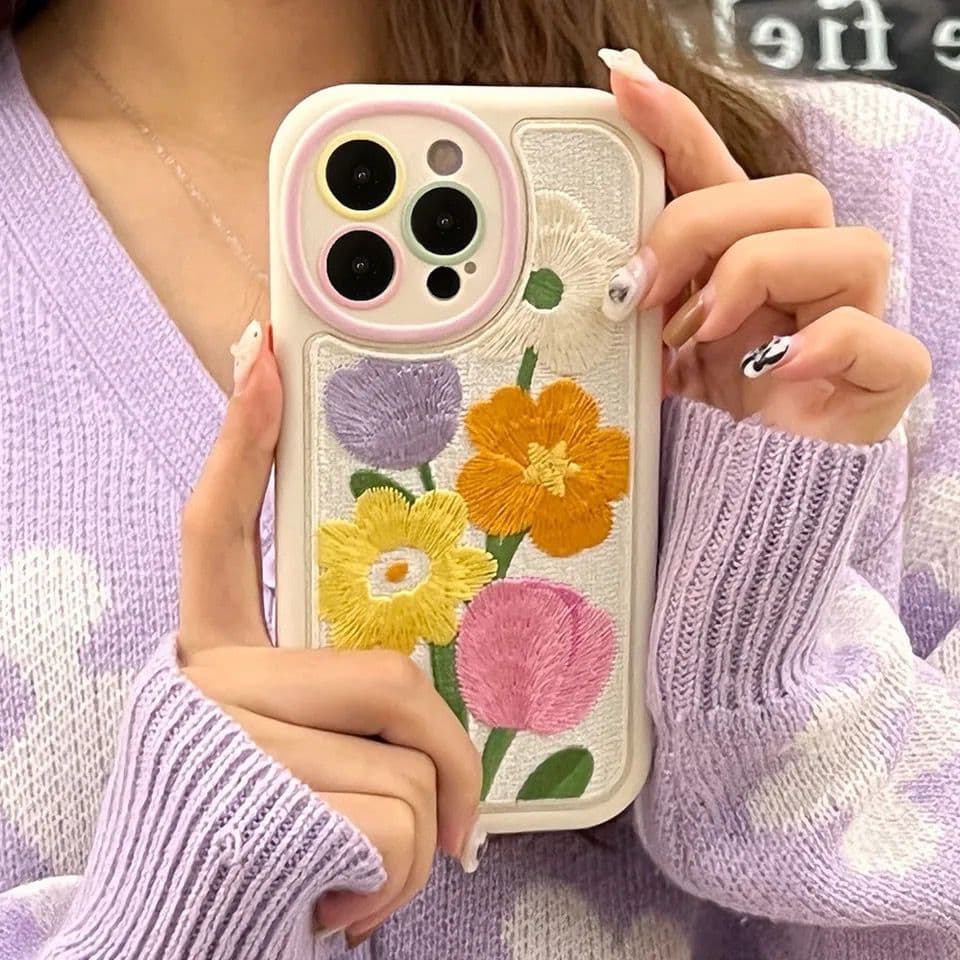Cute Embroidery Fabric Floral iPhone Plush Silicone Case
