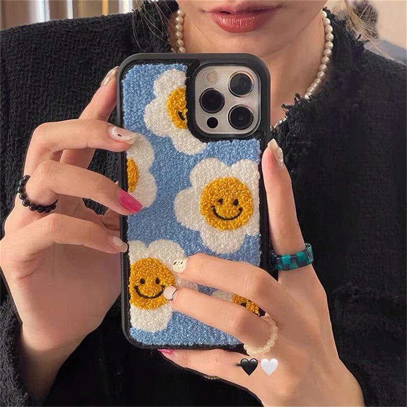 Blue Yellow  Floral Flower Winter Fur Fabric Plush iPhone Silicone Case