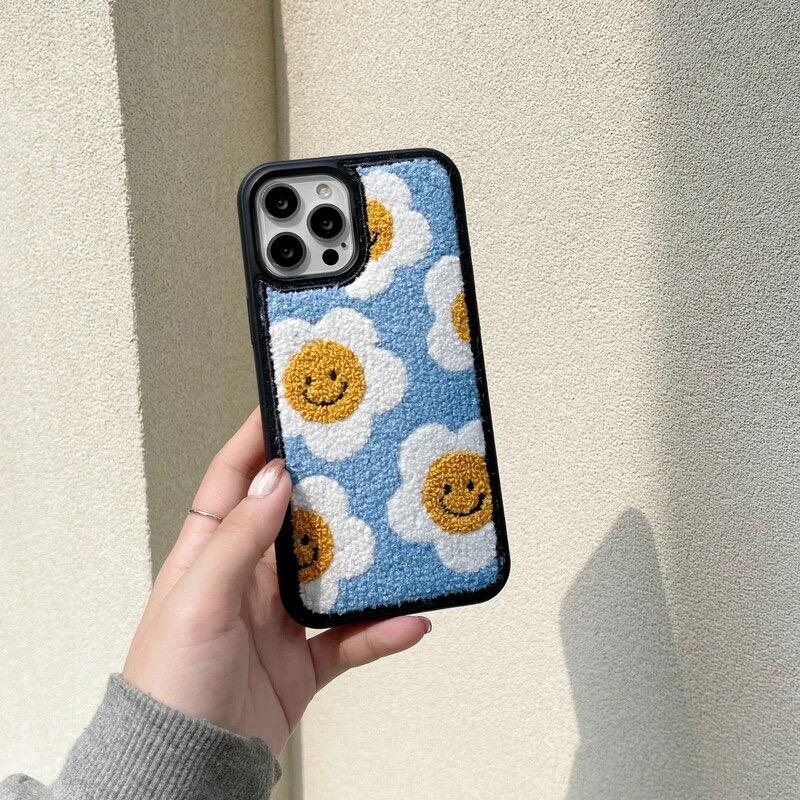 Blue Yellow  Floral Flower Winter Fur Fabric Plush iPhone Silicone Case