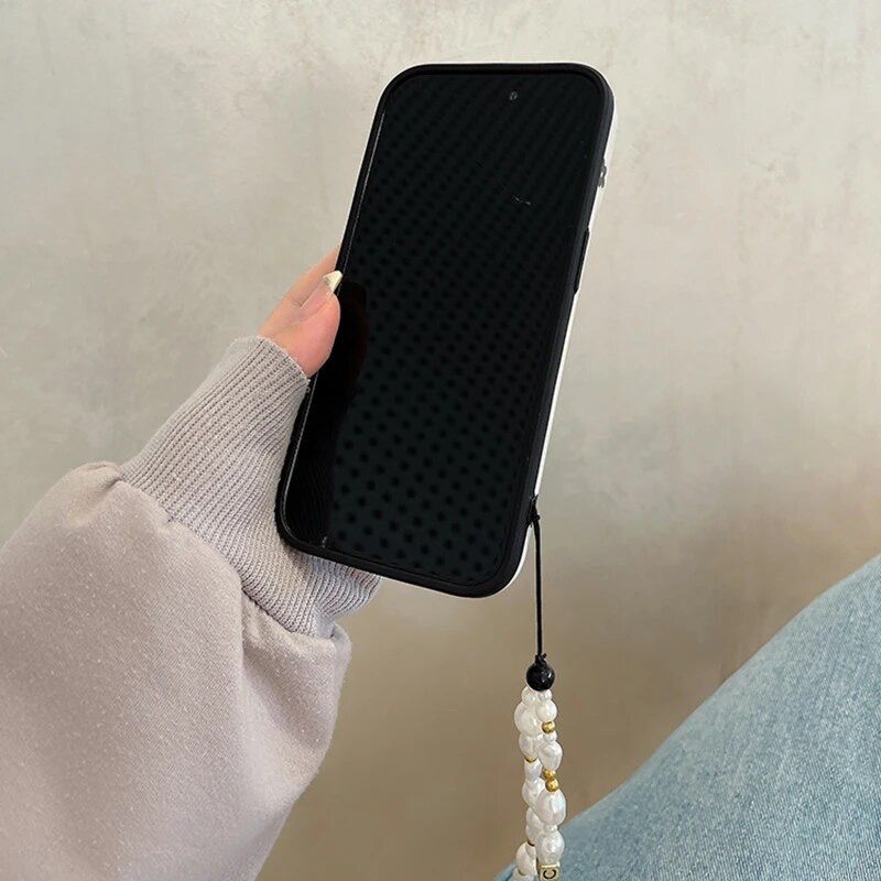 3D Wave Pattern Black Floral Flowers Lanyard Charm iPhone Soft Silicone Case