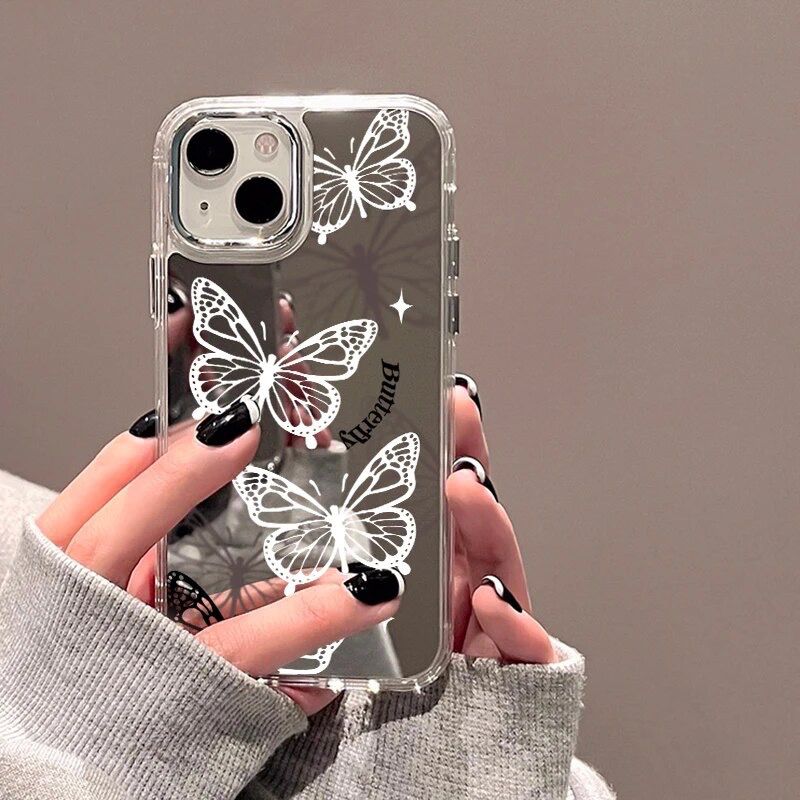 iPhone White Butterflies Mirror Hybrid Silicone Case