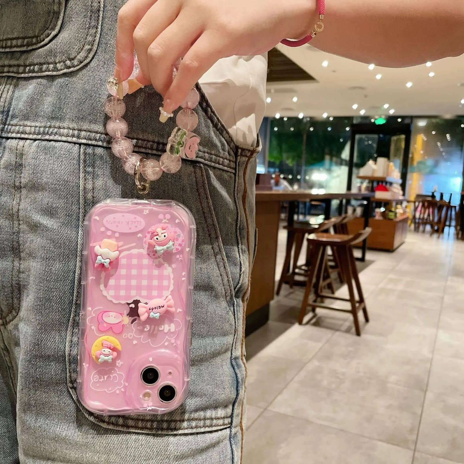 3D Cute Pink Case Wave Cartoon Melody Lanyard iPhone Soft Case