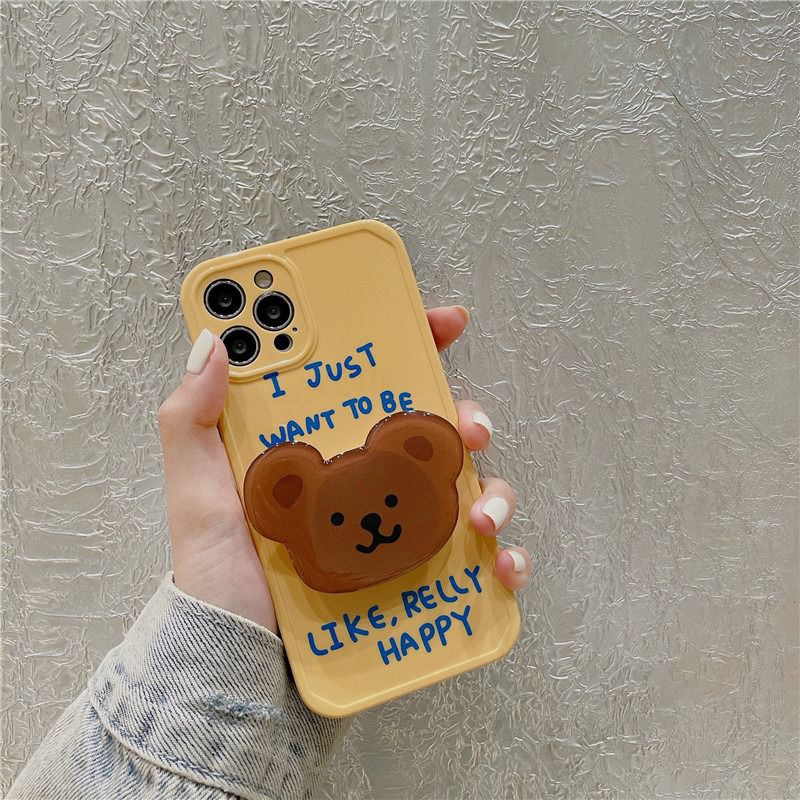 Yellow Happy Teddy Bear Phone Holder iPhone Soft Case