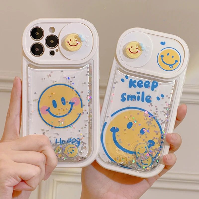 Smiley 3D Glitter Camera Shutter Air Cushion White iPhone Soft Silicone Case