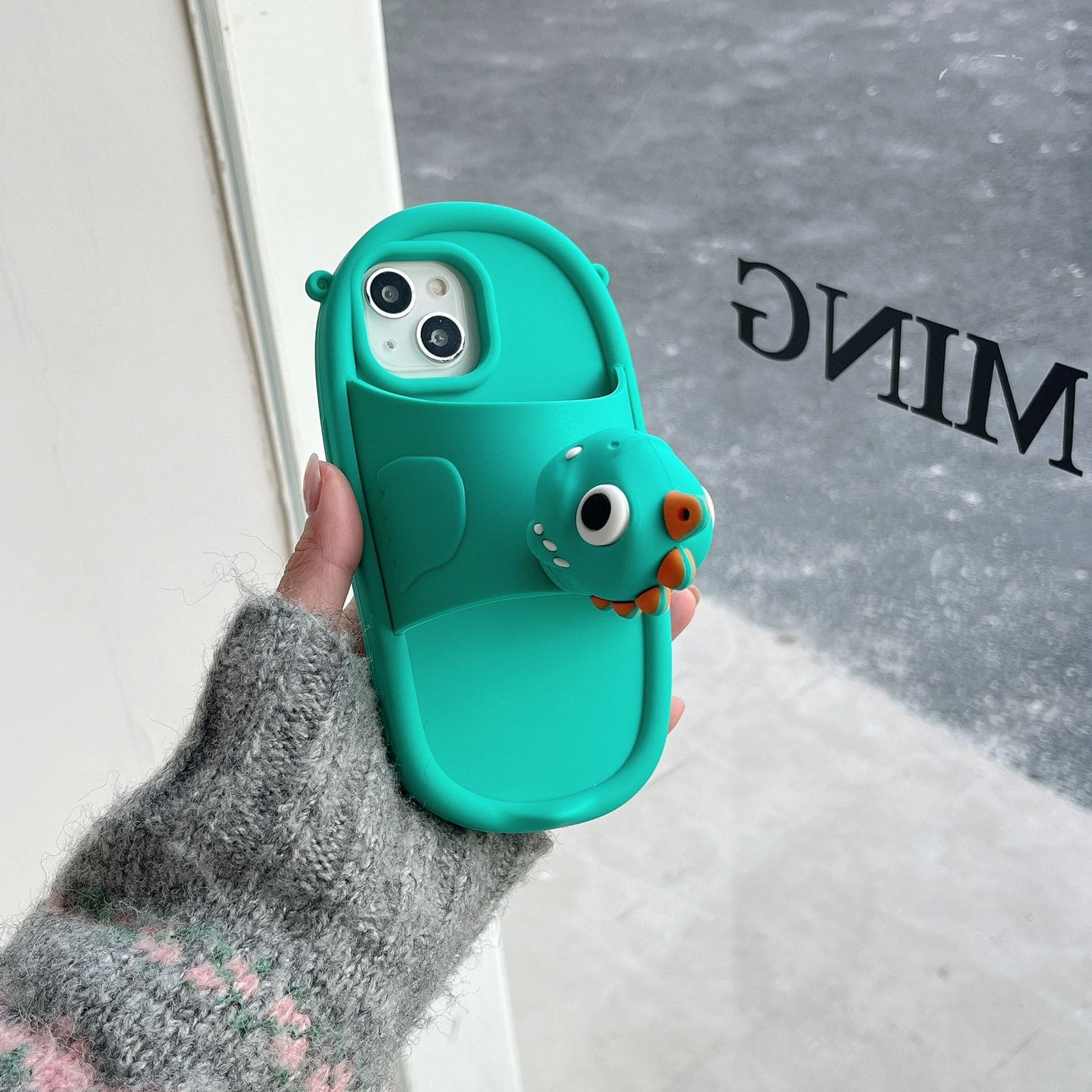 3D Green Dinosaur Phone Holder Rubber Silicone Case