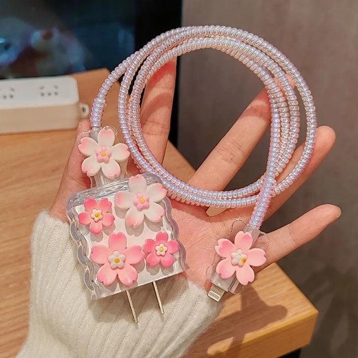3D Big Pink Flower Floral iPhone Transparent Adapter Charger Cable Wire Protector Set