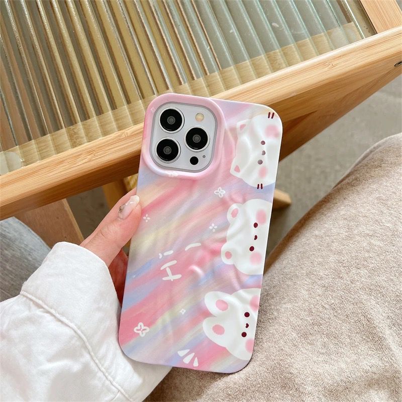 Pink White Cute Cartoon Colorful Aesthetic Textured iPhone  Soft Silicone Case