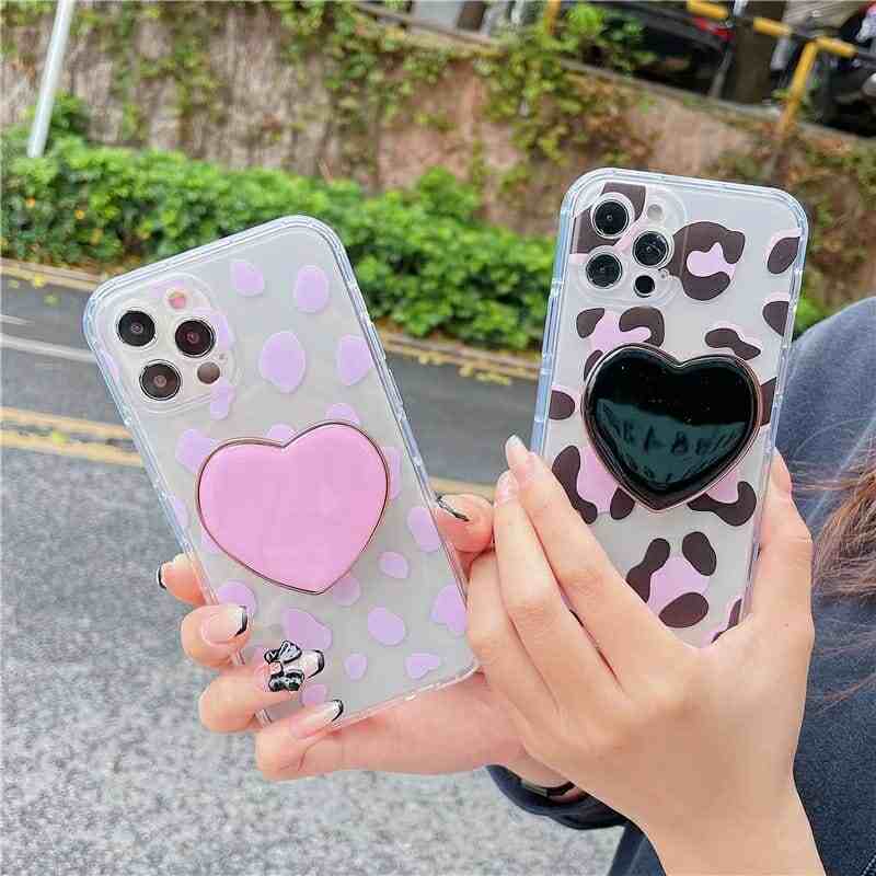 Leopard Heart Phone Holder Transparent Custom Slim Soft Cases