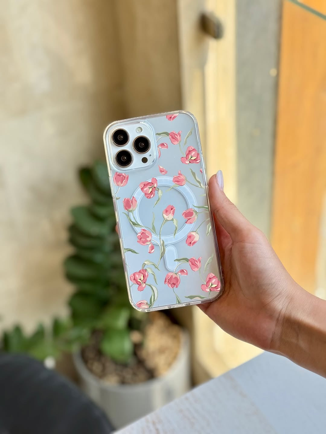 Pink Floral Leaves Custom Magsafe Clear Transparent Hybrid Silicone Slim Case