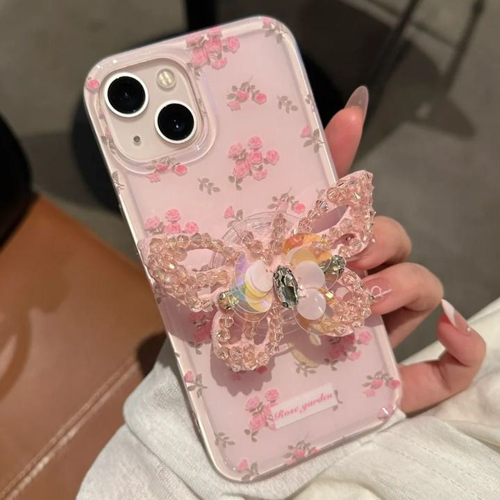 3D Studded Butterfly Holder Pink Floral Glossy iPhone Case For iPhone 15