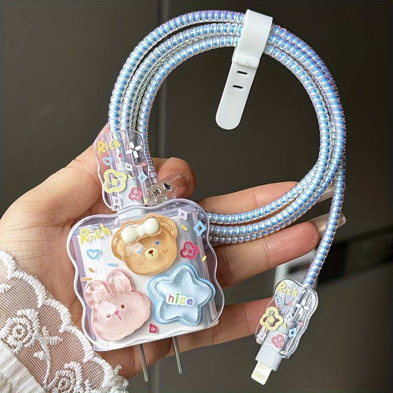 3D Teddy Bear Star iPhone Adapter Charger Cable Wire Protector Set