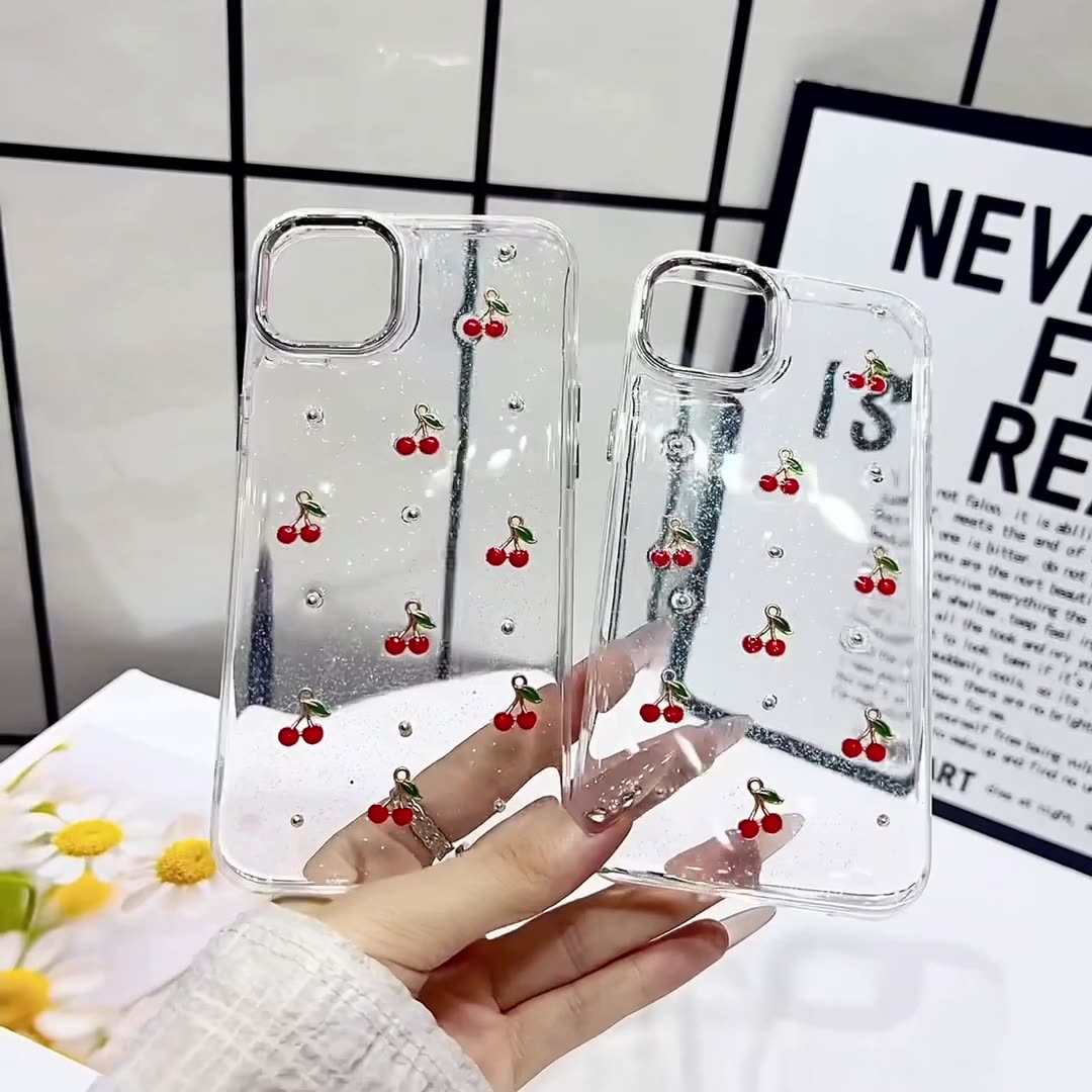 3D Glitter Red Cherry Transparent Bumper iPhone Case
