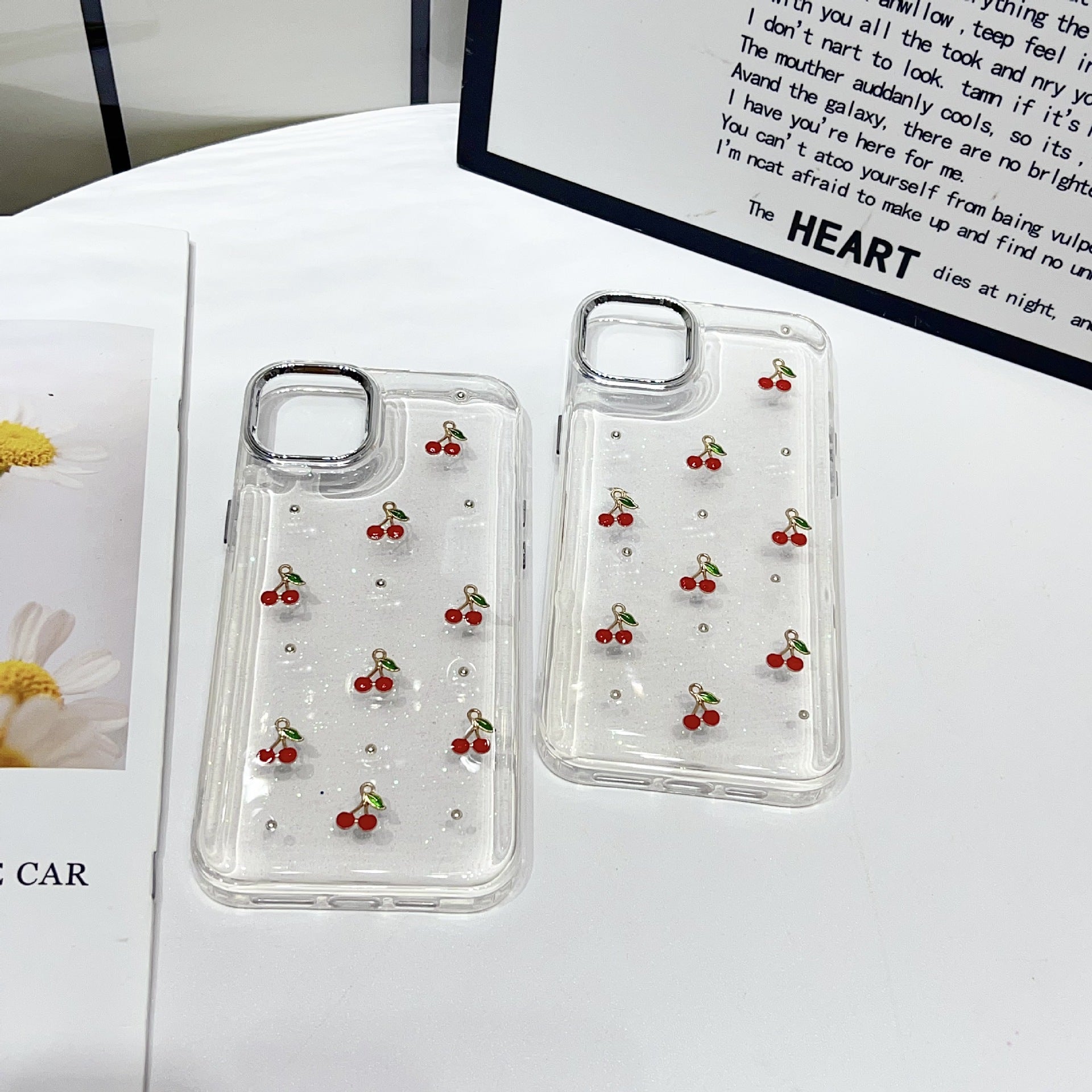 3D Glitter Red Cherry Transparent Bumper iPhone Case