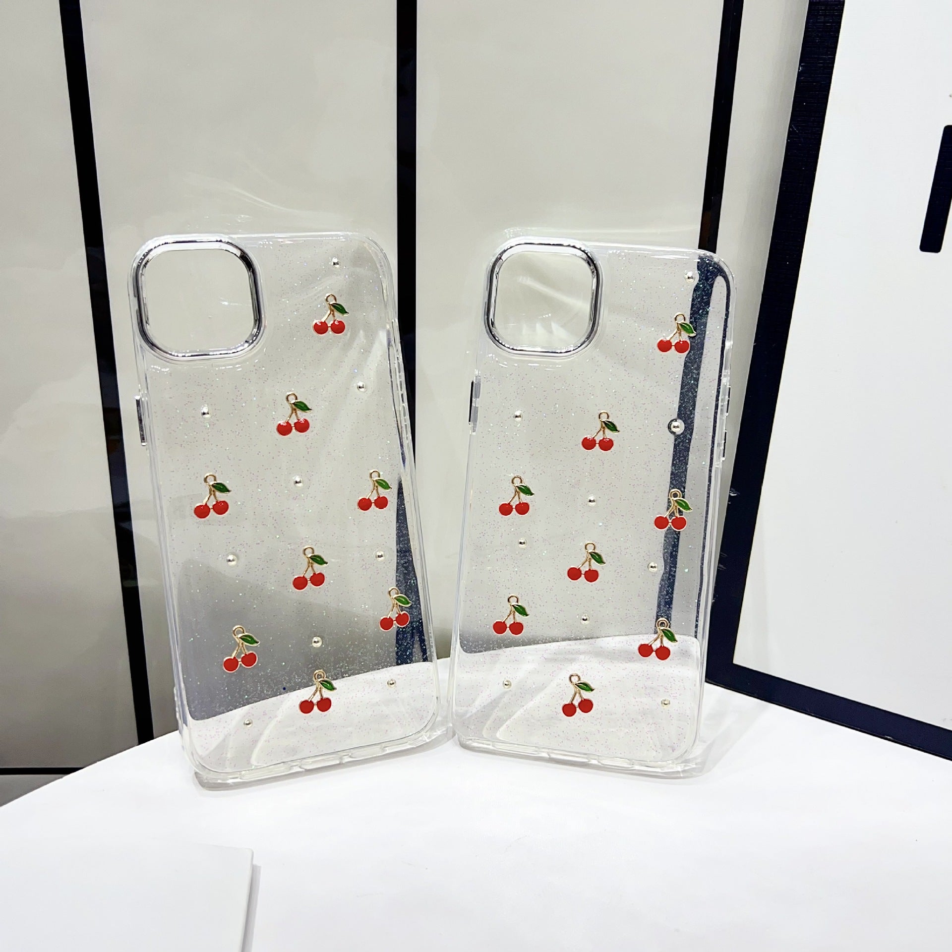 3D Glitter Red Cherry Transparent Bumper iPhone Case