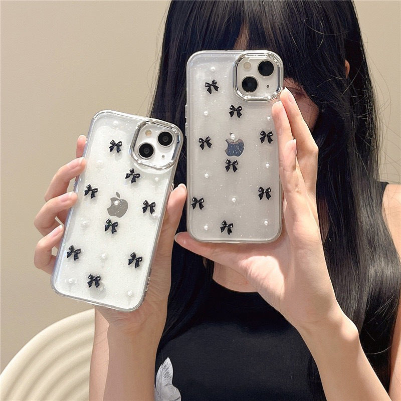 3D Glitter Black Bow Pearl Transparent Bumper iPhone Case