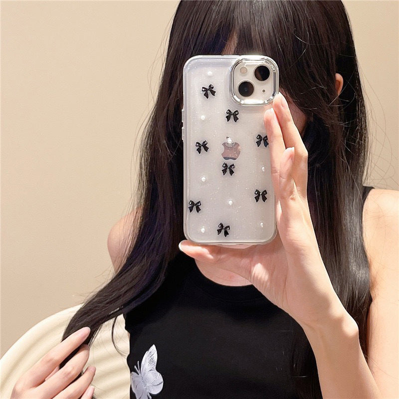 3D Glitter Black Bow Pearl Transparent Bumper iPhone Case