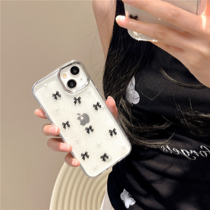 3D Glitter Black Bow Pearl Transparent Bumper iPhone Case