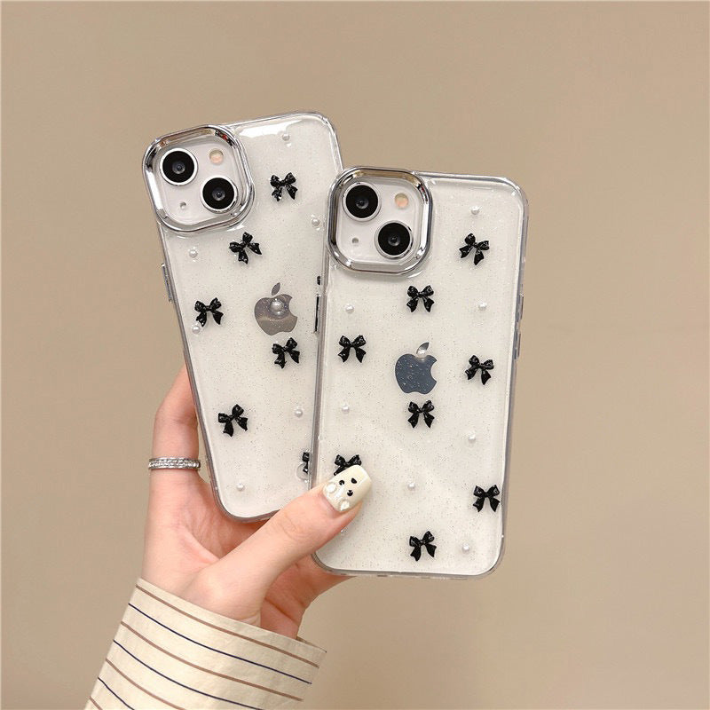 3D Glitter Black Bow Pearl Transparent Bumper iPhone Case