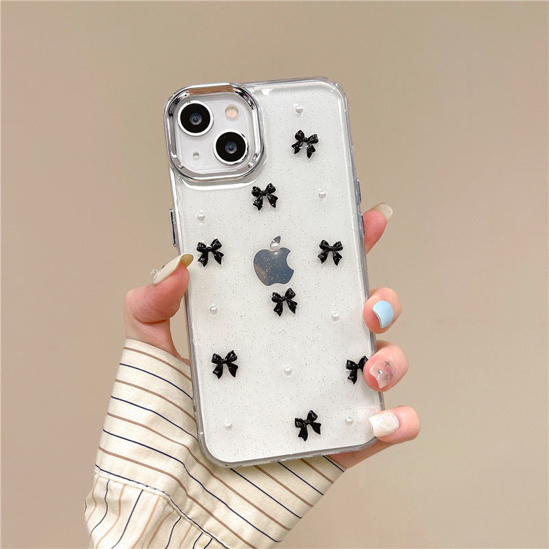 3D Glitter Black Bow Pearl Transparent Bumper iPhone Case
