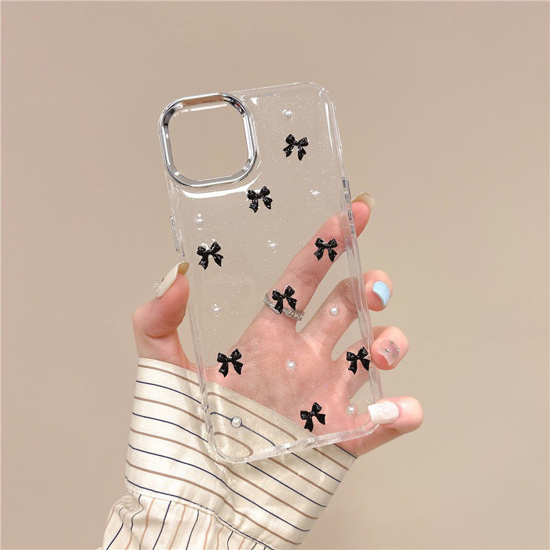 3D Glitter Black Bow Pearl Transparent Bumper iPhone Case