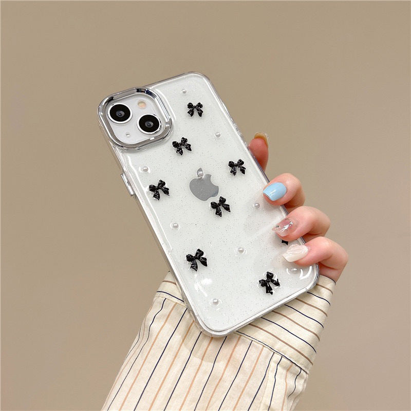 3D Glitter Black Bow Pearl Transparent Bumper iPhone Case