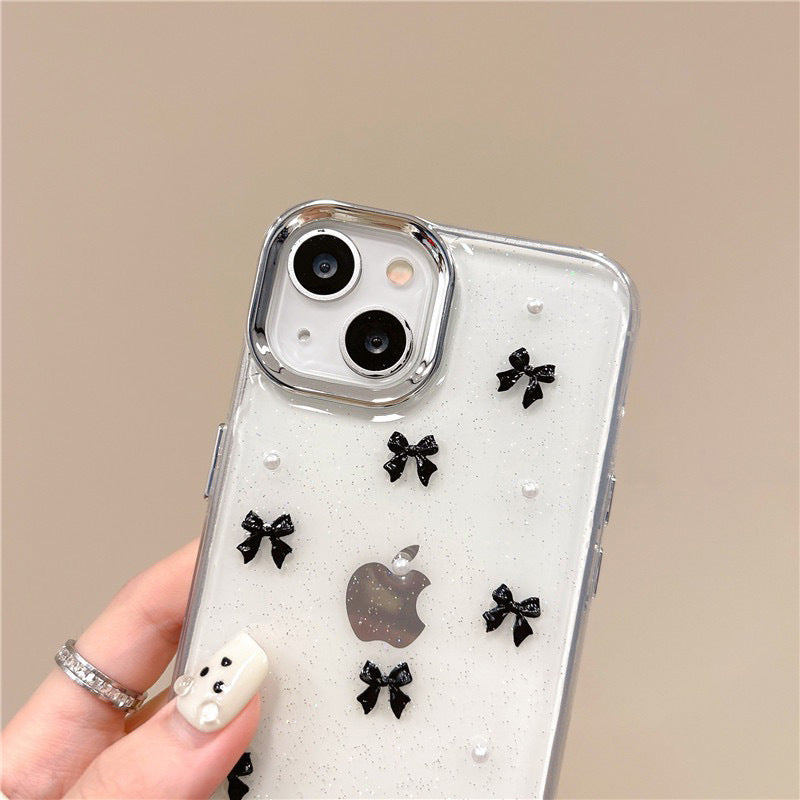 3D Glitter Black Bow Pearl Transparent Bumper iPhone Case